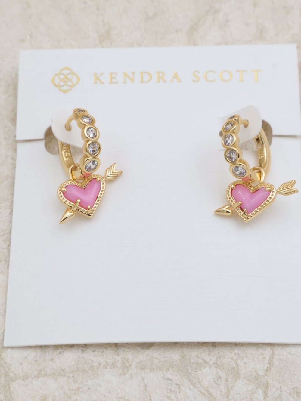 Kendra Scott Ari Heart Arrow Pink Opalescent Resin Earrings Gold